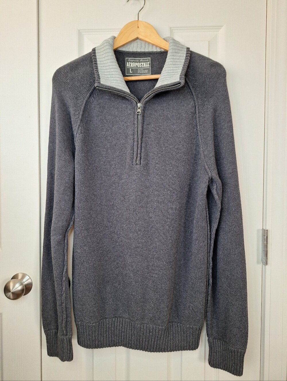 AEROPOSTALE Mens Grandpacore Half Zip Tight Knit Pullover Sweater in Grey Size L